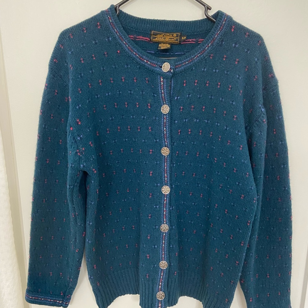 Vintage Eddie Bauer Wool Blend Teal and Pink Button-Up Cardigan women’s SP